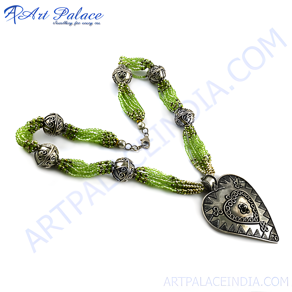 Silver heart pendant necklace with green beaded strands, perfect for women