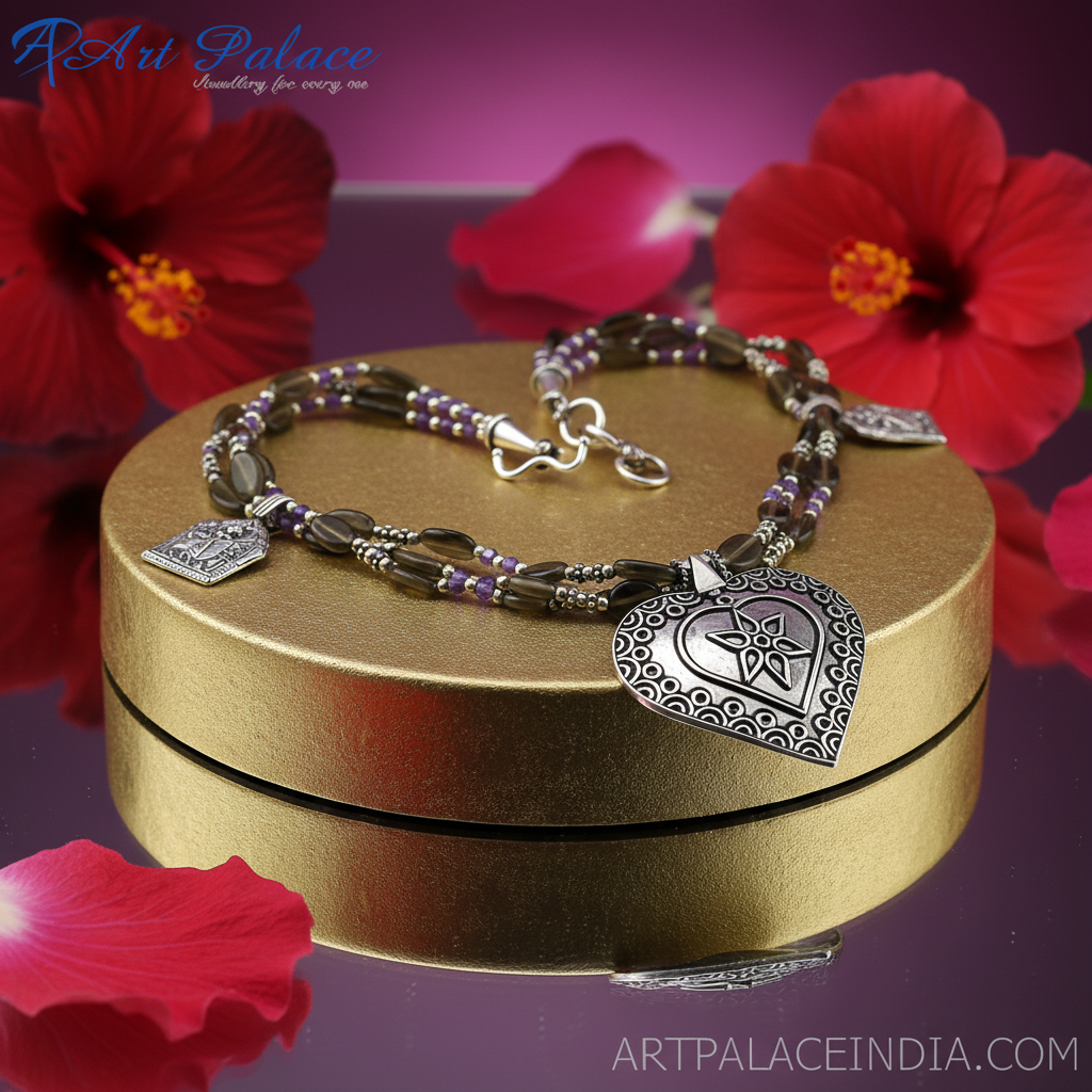 Silver Beaded Necklace with Heart Pendant | Gemstone Jewelry