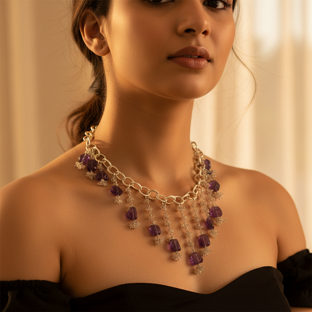 Amethyst Gemstone Dangle Necklace | Sterling Silver Chain | Women's Jewelry