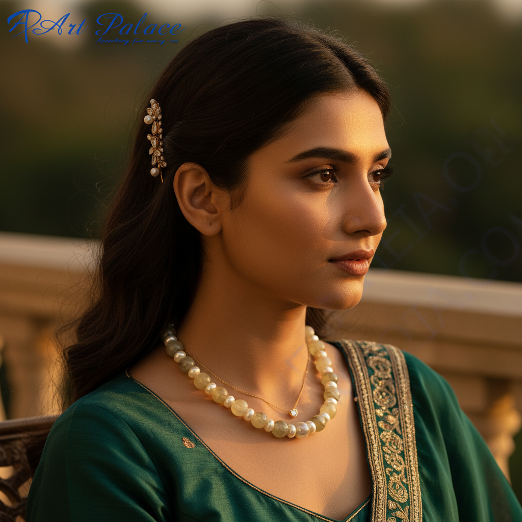 Green agate & pearl bead necklace | women's beaded jewelry