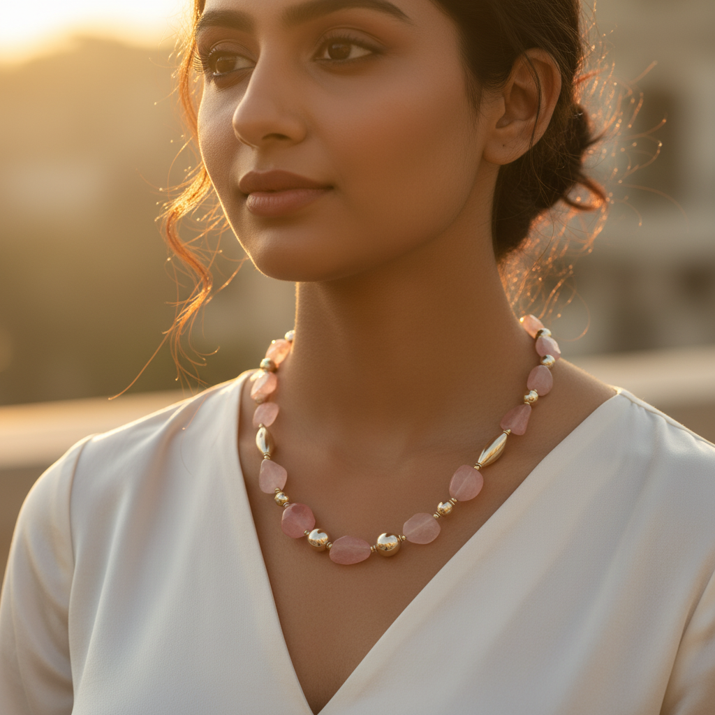 Rose Quartz Bead Necklace | gold plating Accents | Women's Jewelry Gift