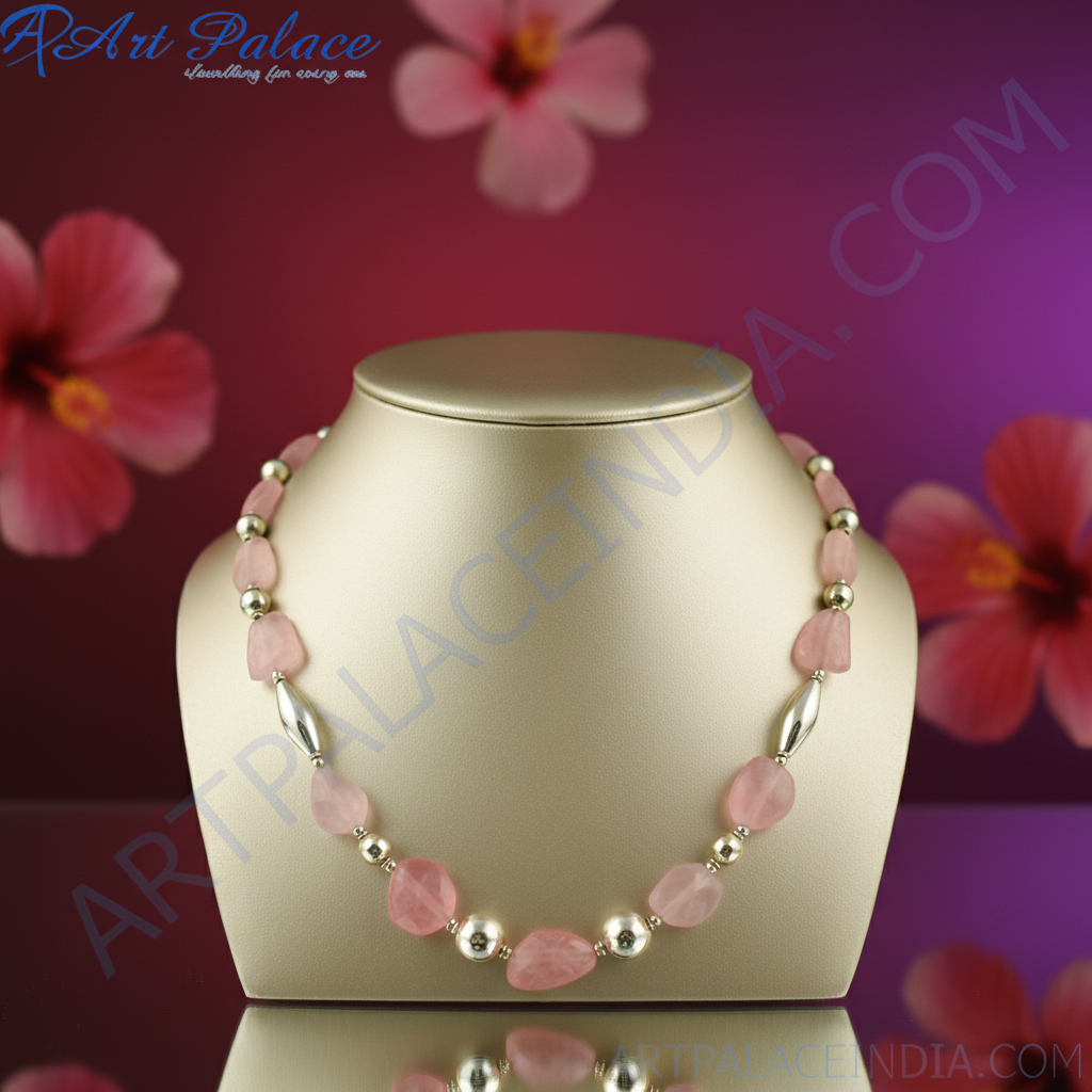 Rose Quartz Bead Necklace | gold plating Accents | Women's Jewelry Gift