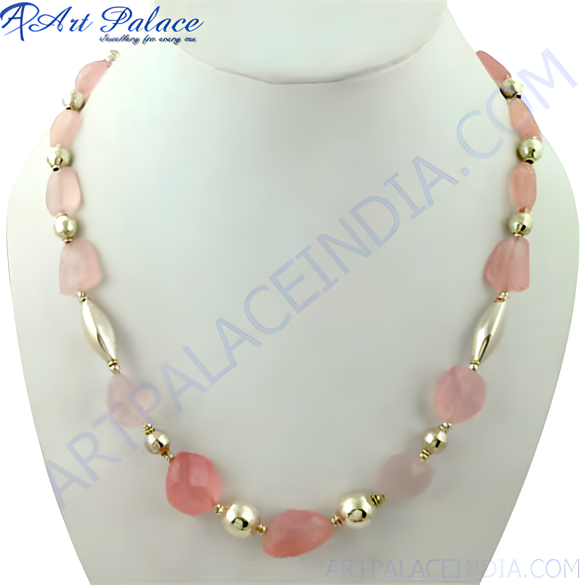 Pink rose quartz beaded necklace with gold plating accents, displayed on a mannequin, women's fashion jewelry