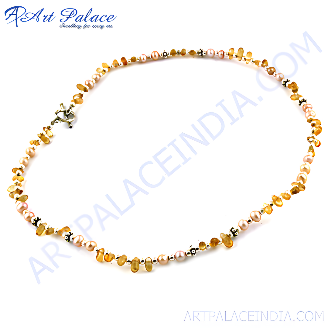 Pearl and citrine gemstone necklace with silver accents on a white background, perfect for daily wear.