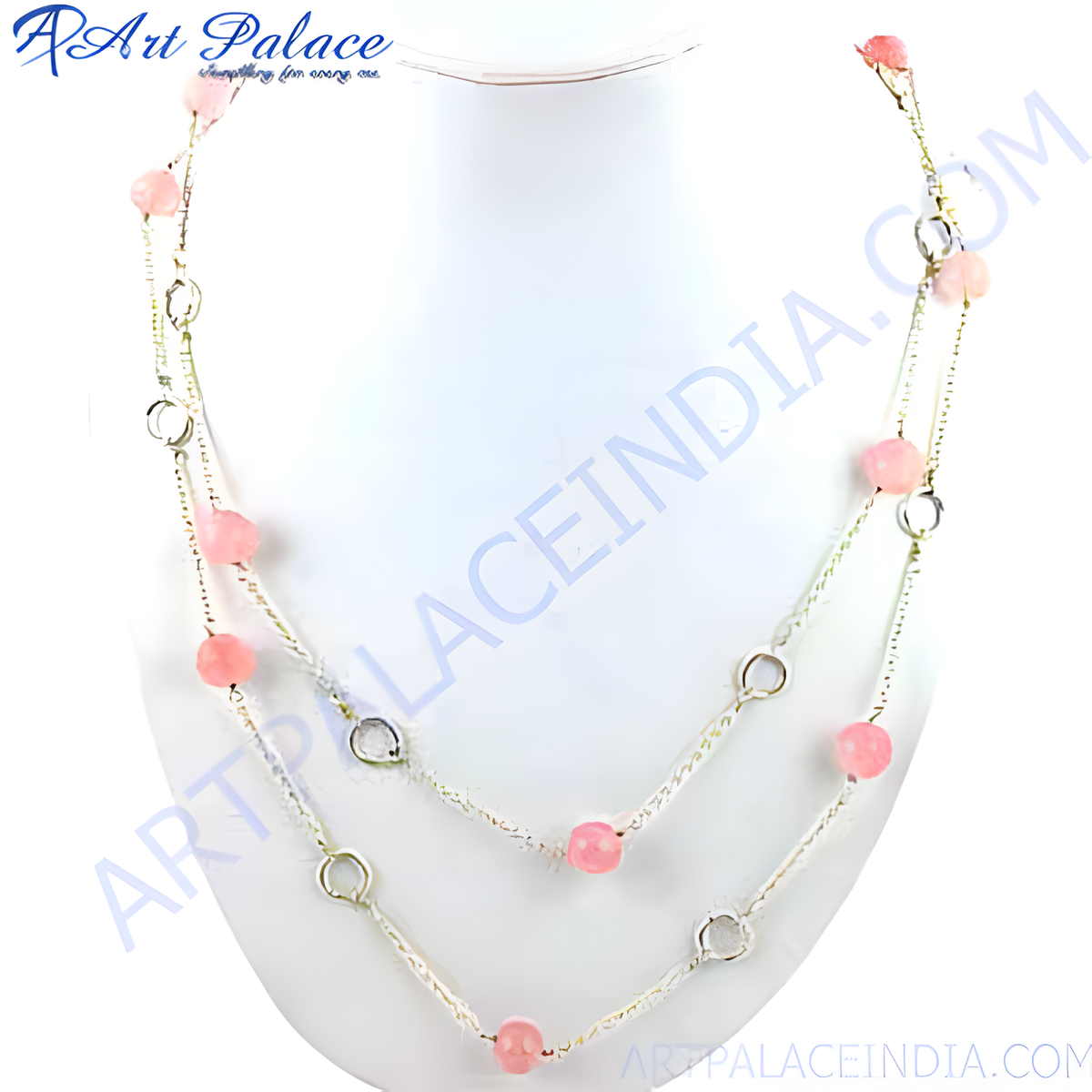 Delicate rose quartz bead necklace on a white mannequin