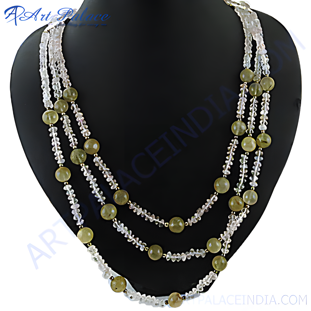 Multi strand necklace featuring green jade and clear crystal beads on a black background