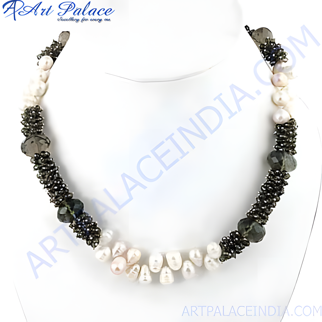 Elegant beaded necklace with white pearls and dark gemstones, perfect for women.