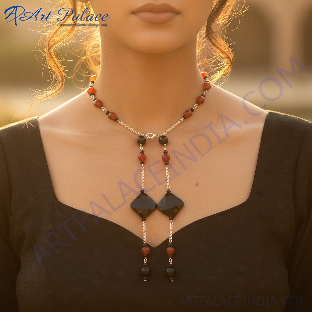 Black Onyx & Red Agate Lariat Necklace for Women | Statement Jewelry