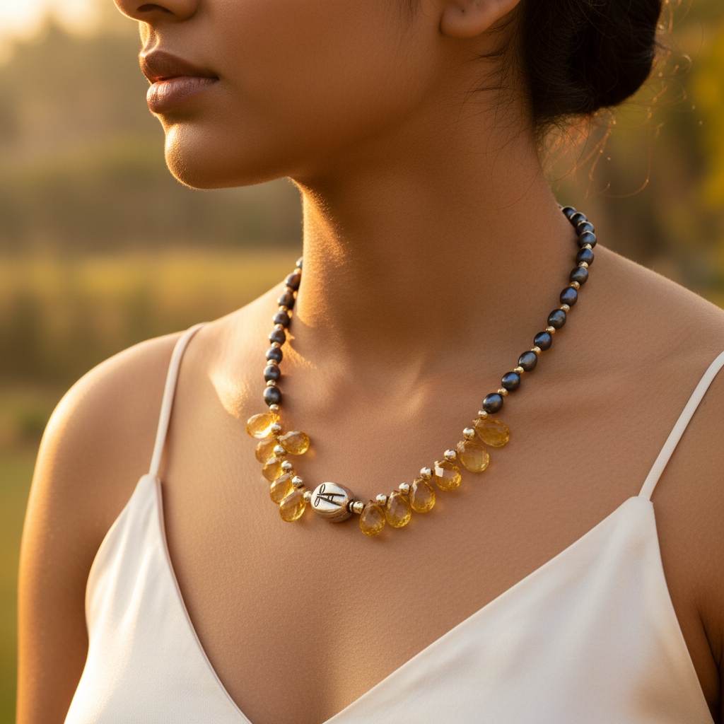 Citrine & Pearl Necklace | gold plating Accents | Women's Jewelry Gift