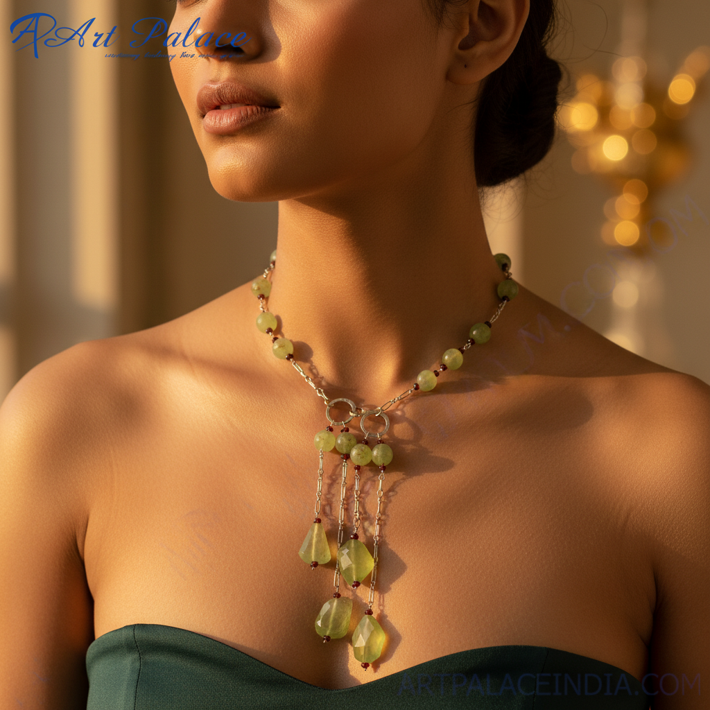 Silver green stone tassel necklace for women | fashion jewelry