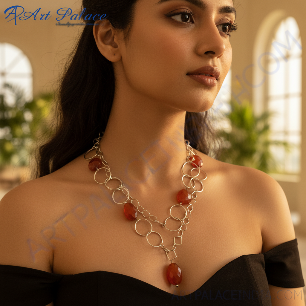 Silver Carnelian Gemstone Necklace for Women | Statement Jewelry