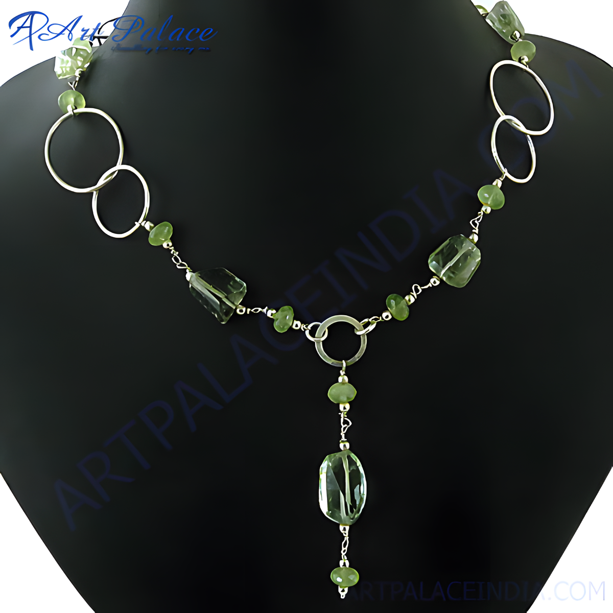 925 sterling silver peridot gemstone necklace on a black mannequin, featuring a unique and modern design