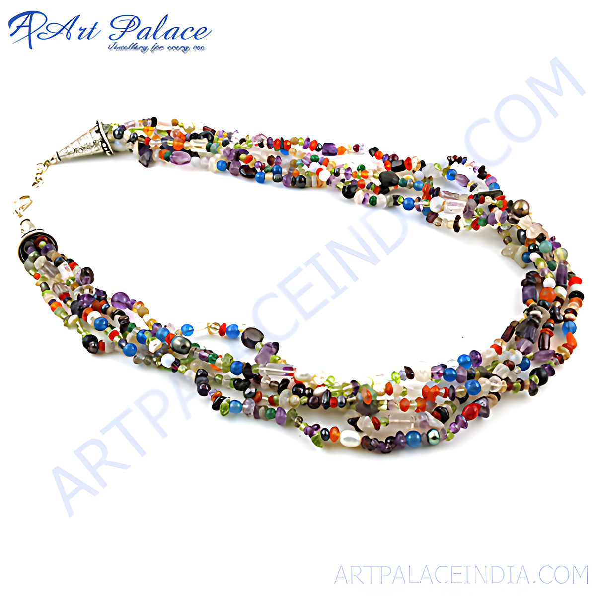 Multi colored gemstone beaded necklace with various gemstone beads in an artistic arrangement, perfect for women
