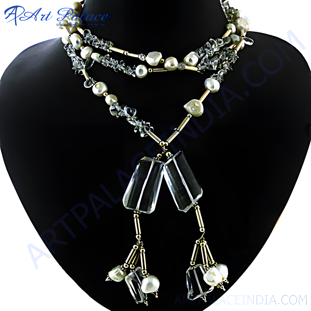 Elegant pearl and crystal pendant necklace displayed on a black mannequin, featuring a layered design with shimmering elements.