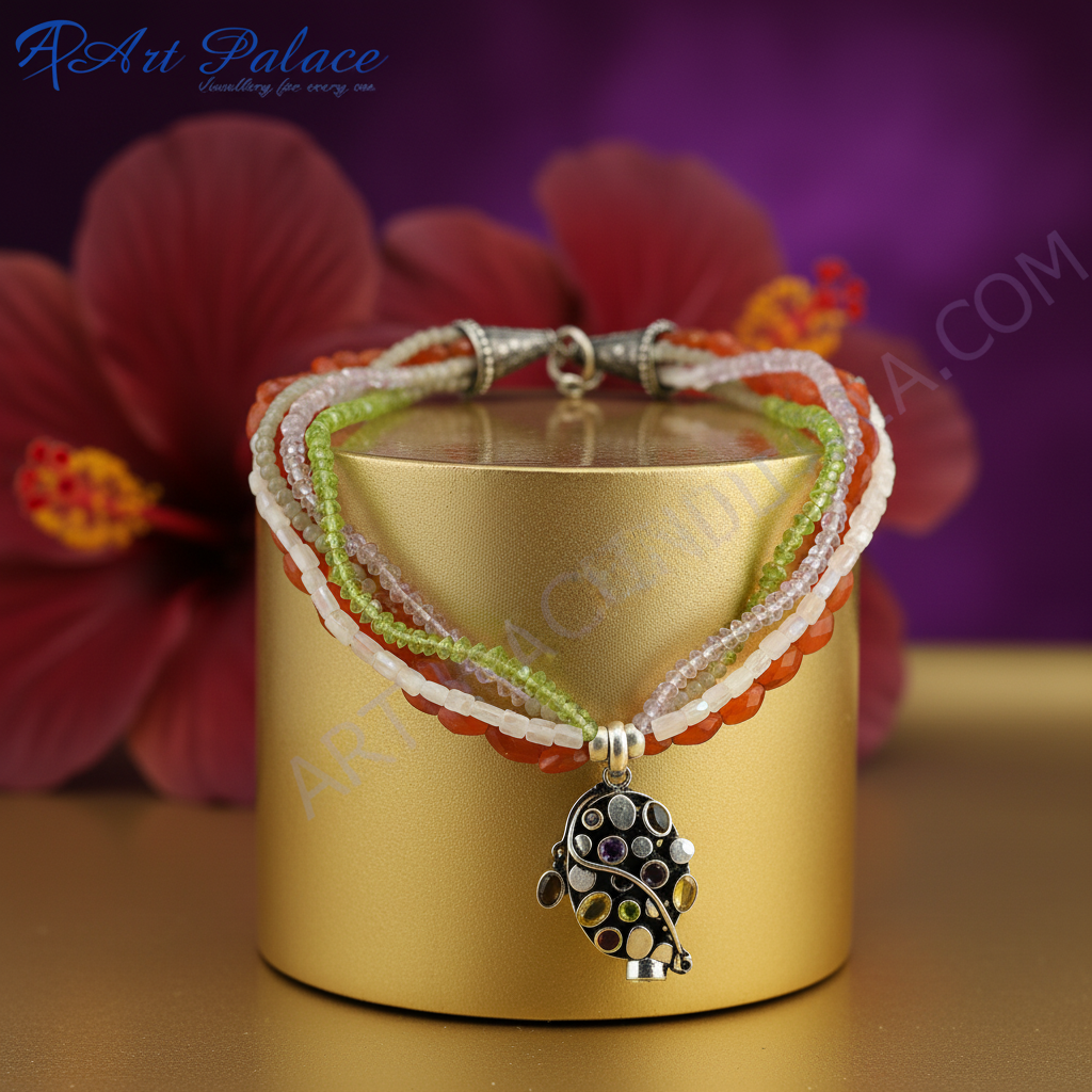 Multi gemstone beaded necklace | sterling silver pendant for women