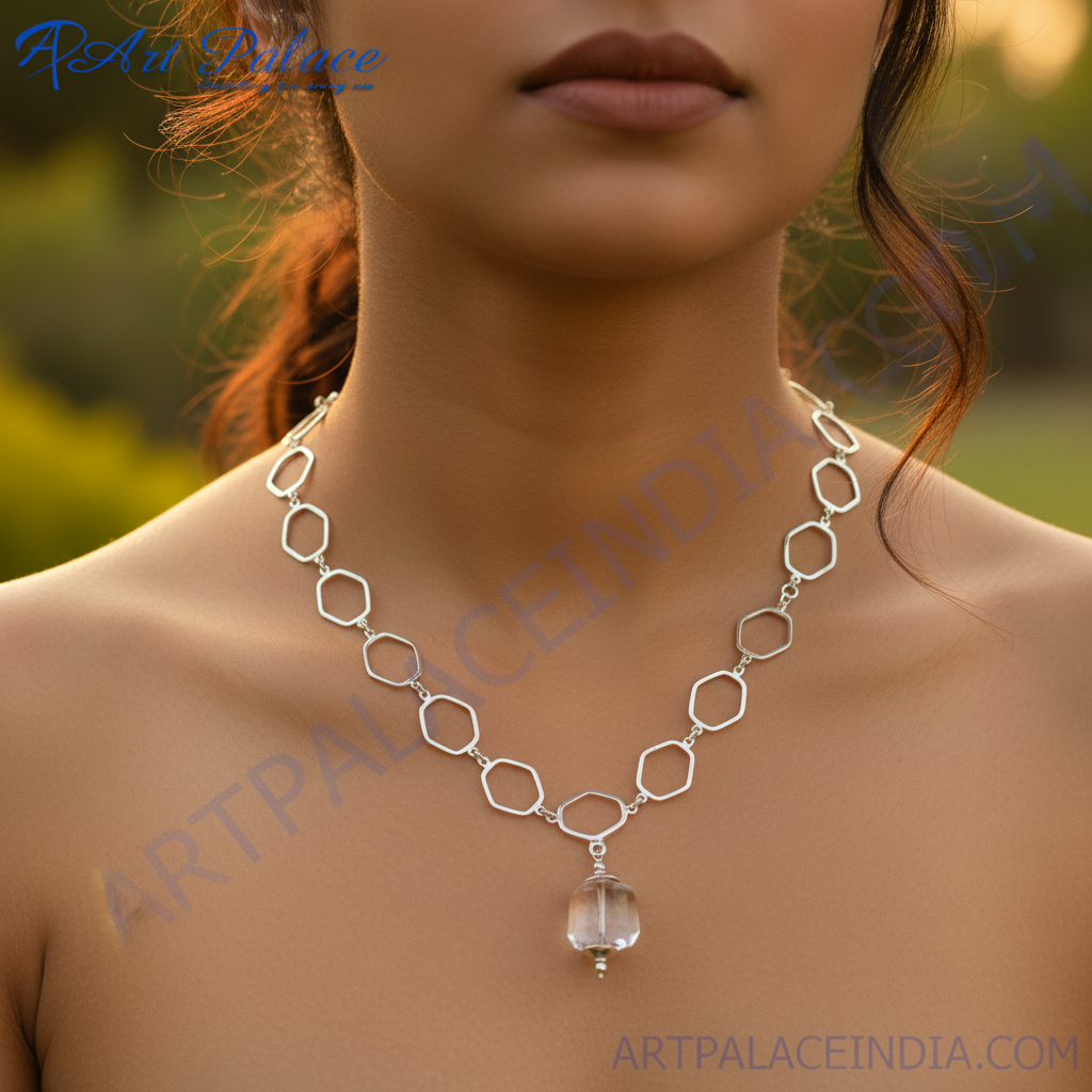 Silver Hexagon Chain Necklace with Crystal Pendant | Women's Jewelry