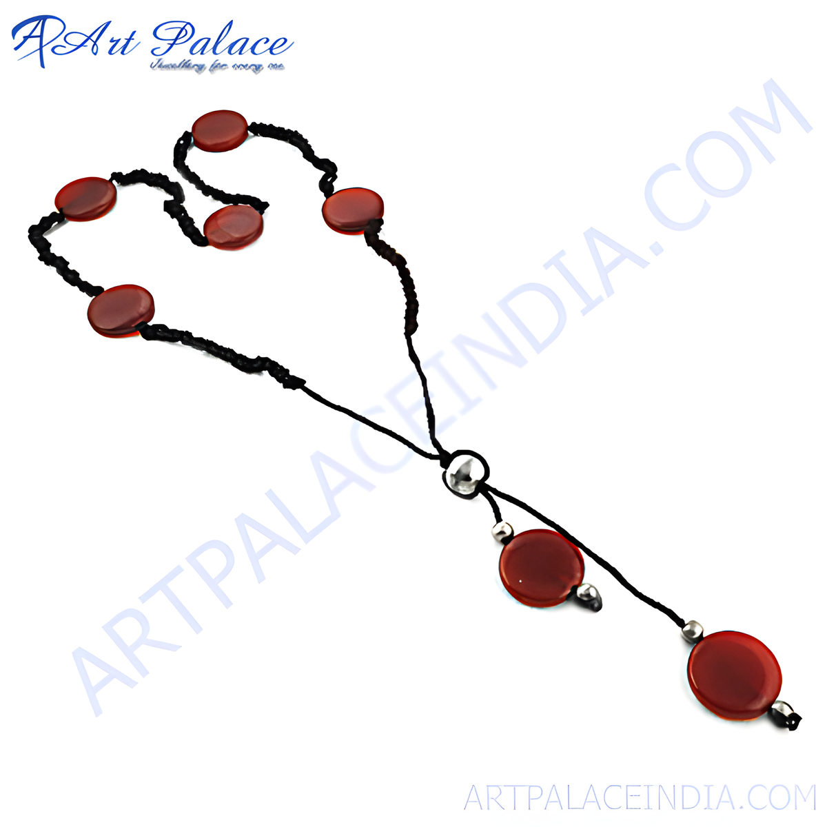 Red stone beaded necklace with black cord and silver accents, women's fashion jewelry