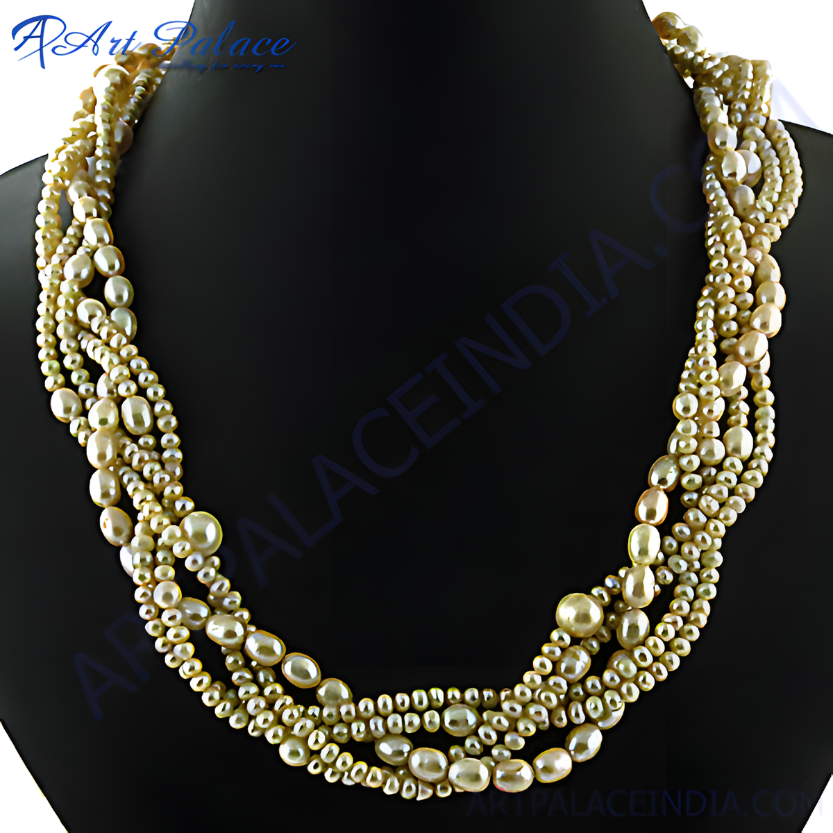 Multi strand pearl necklace displayed on a black mannequin, showcasing the lustrous pearls and elegant design