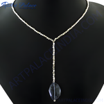 Load image into Gallery viewer, Elegant silver Y-necklace featuring a beaded chain and a teardrop-shaped gemstone pendant, perfect for women.

