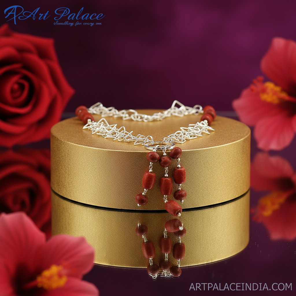 Silver chain necklace with red coral beads | women's jewelry