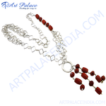 Load image into Gallery viewer, Silver chain necklace with red coral beads, a stylish jewelry piece for women.
