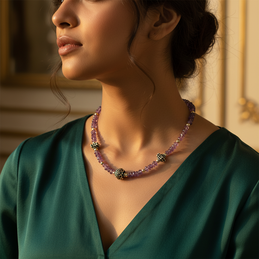 紫水晶珠项链，配银色点缀 | 女士礼物