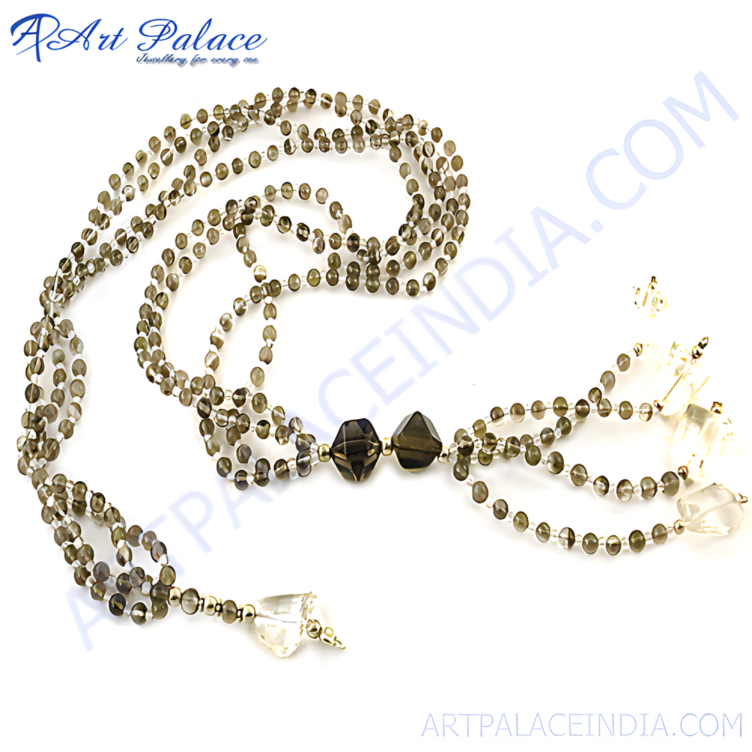 Smoky quartz beaded necklace with clear accents, a natural stone jewelry piece.