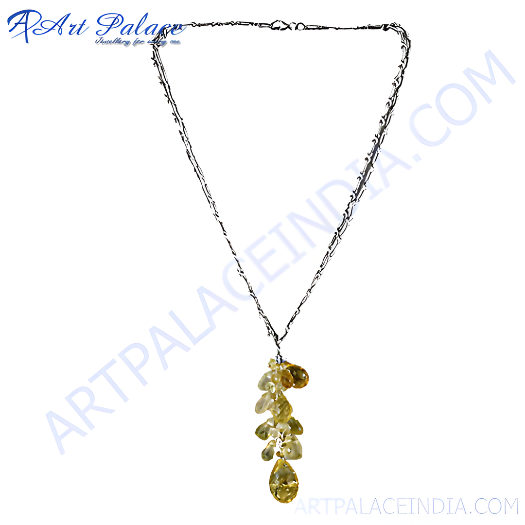 Sterling silver citrine gemstone pendant necklace, featuring a cluster of yellow citrine stones.