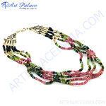 Load image into Gallery viewer, Multi-strand tourmaline bead necklace in various colors with a gold clasp, gemstone jewelry.
