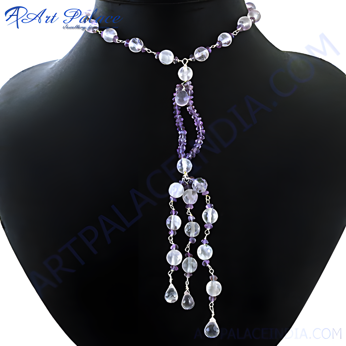 Amethyst and crystal beaded lariat necklace on a black mannequin, featuring purple and clear gemstones