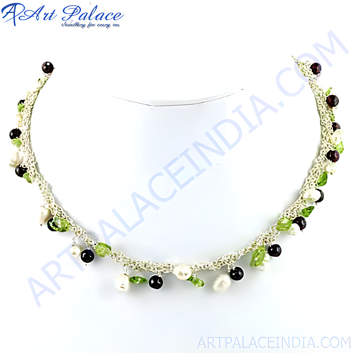 A handcrafted necklace featuring pearls, and gemstones, with a crochet design