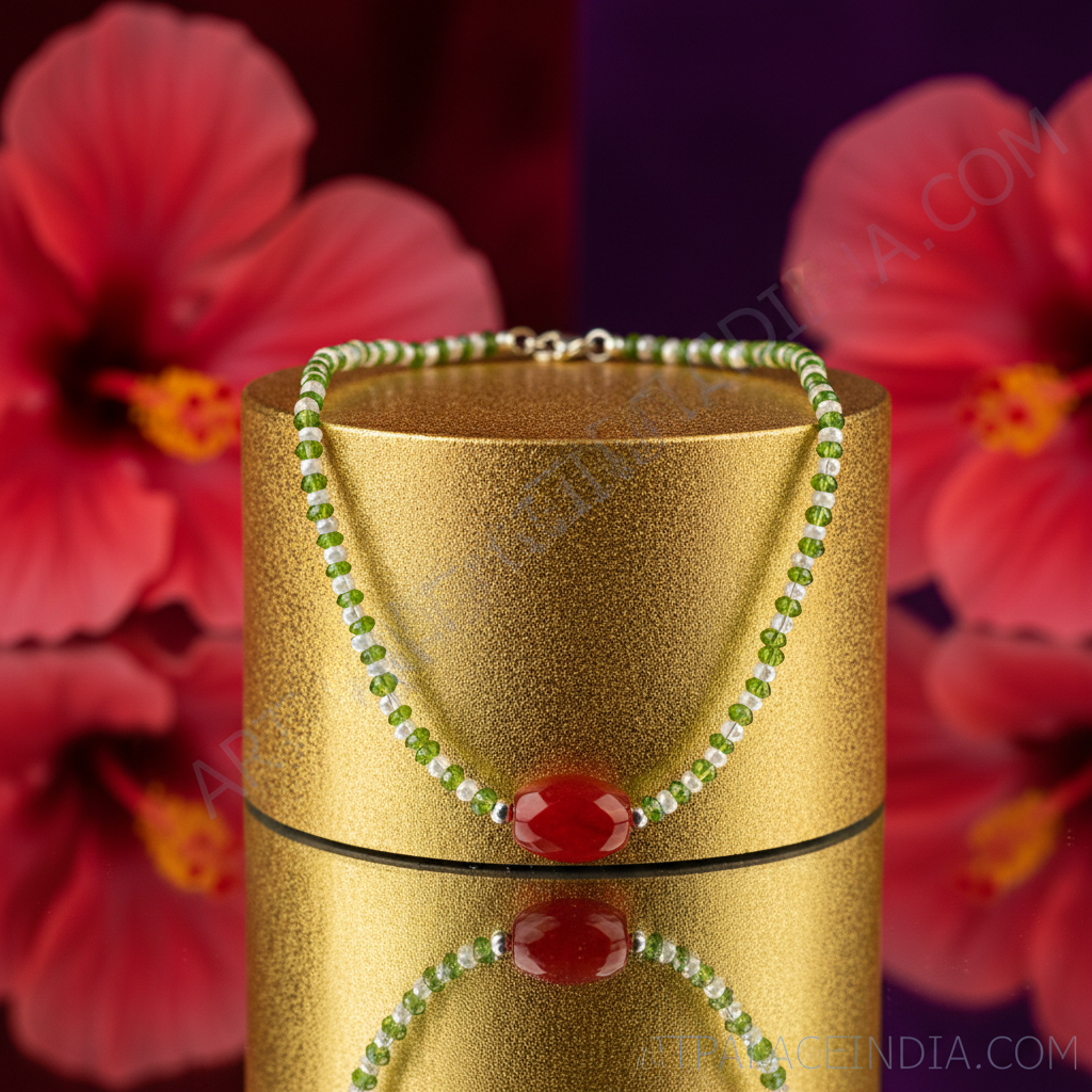 Green beaded necklace with red gemstone | women's jewelry gift