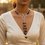 Load image into Gallery viewer, Silver Beaded Lariat Necklace for Women | Black Bead Jewelry
