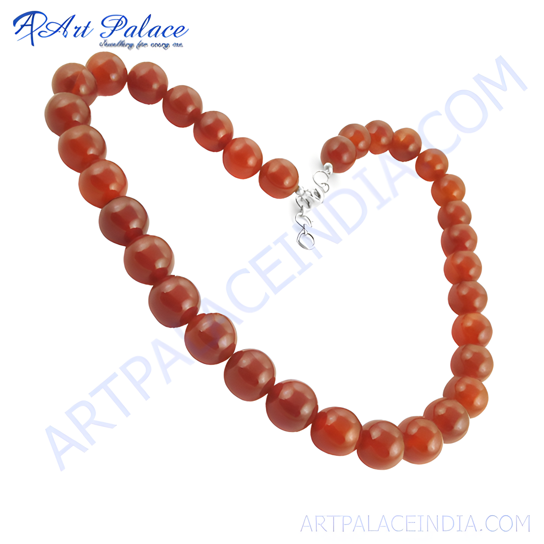 Red Carnelian bead necklace for women. Polished, round orange gemstones, strung together with a classic design, perfect for daily wear.
