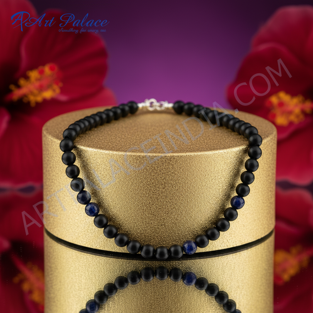 Black Onyx Bead Necklace | Sterling Silver Clasp | For Women