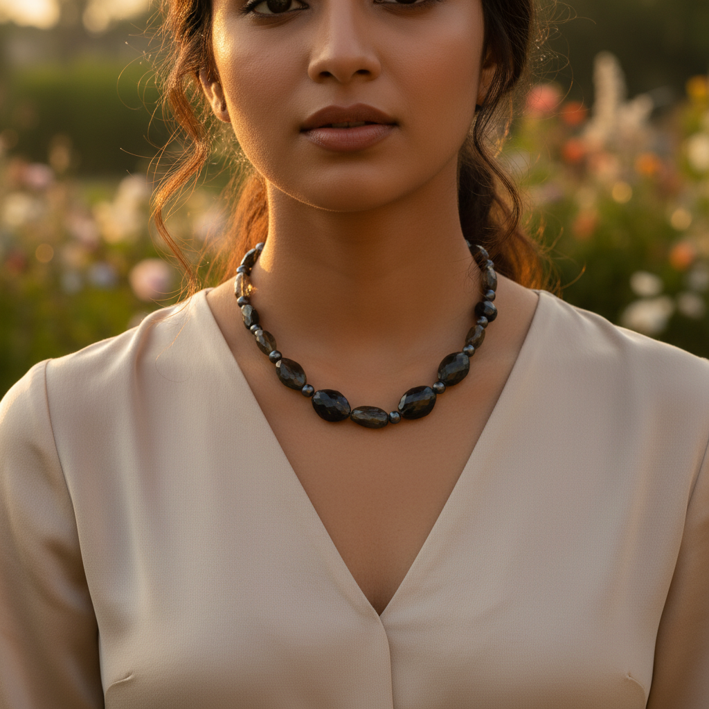 Black Onyx & Pearl Beaded Necklace for Women | Gemstone Jewelry