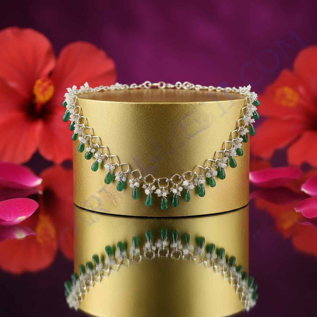 Silver emerald bead necklace for women | gemstone jewelry gift