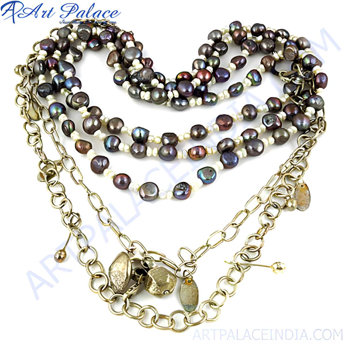 Multi strand necklace with dark pearls and a gold plating chain