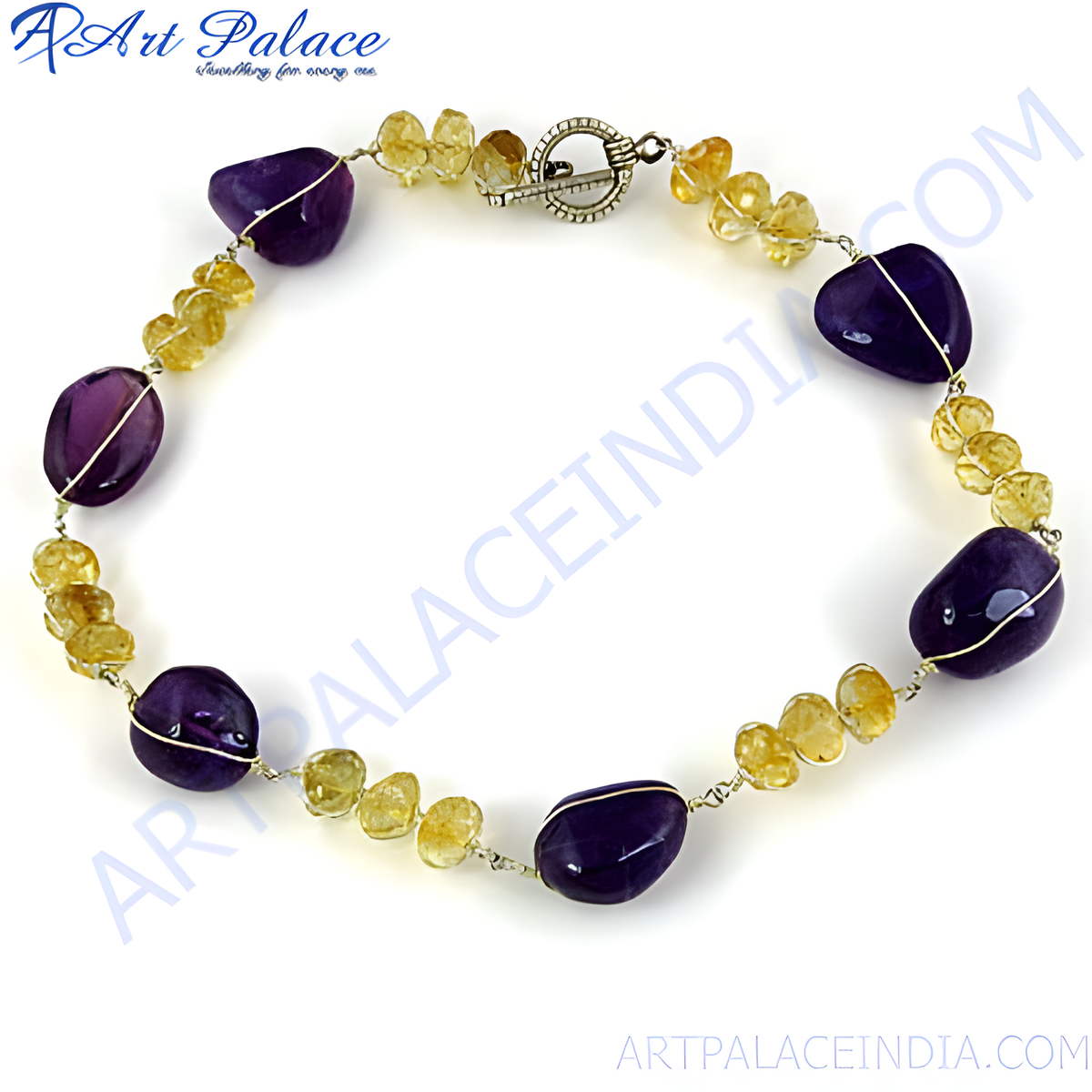 Amethyst and citrine bead necklace with purple and yellow gemstones on a white background
