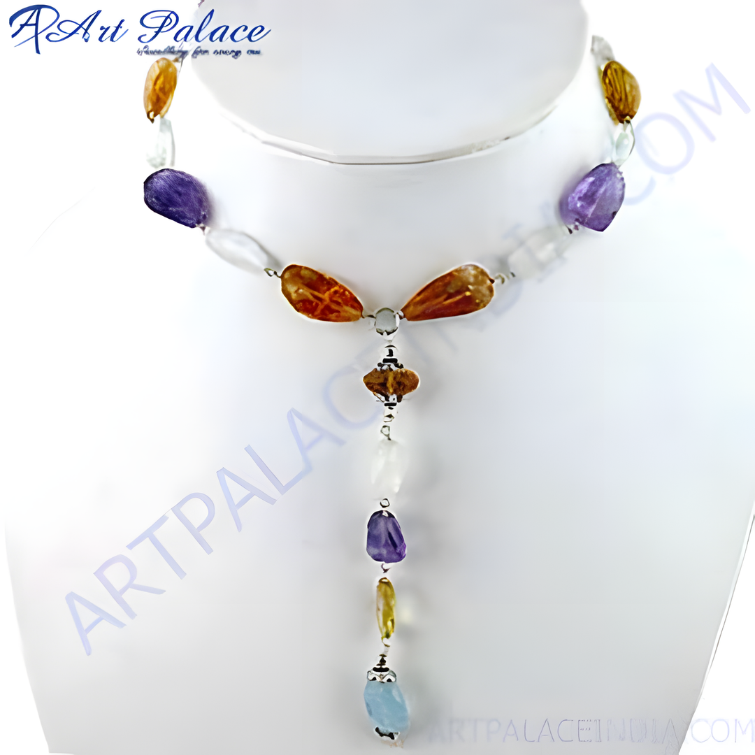 A colorful statement necklace featuring various gemstone beads, strung together on a delicate chain.