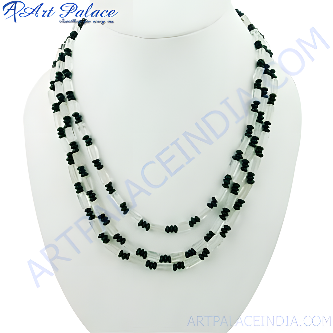 Elegant black beaded necklace on a white display stand, perfect for women's fashion jewelry.