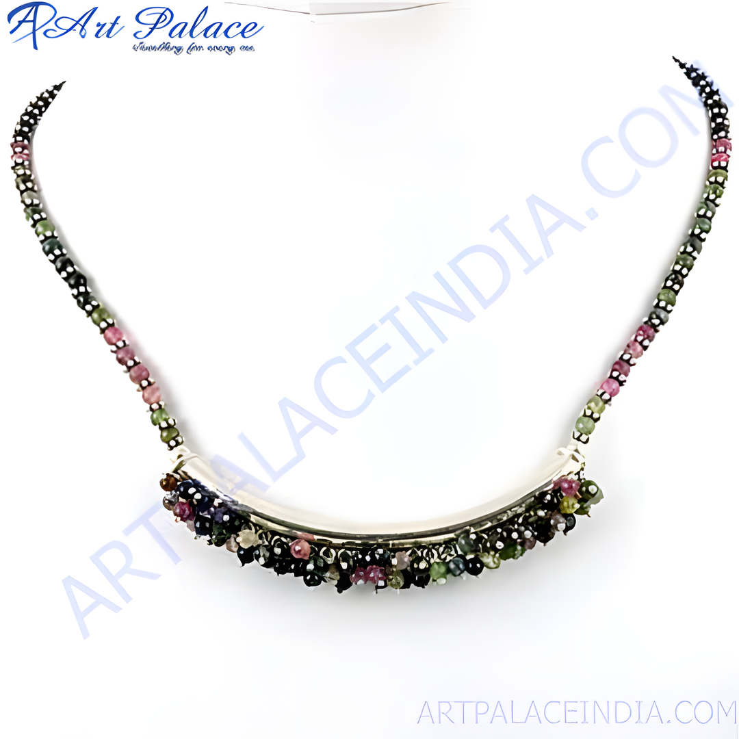 Colorful tourmaline gemstone beaded necklace with a curved 925 sterling silver bar, perfect for women.