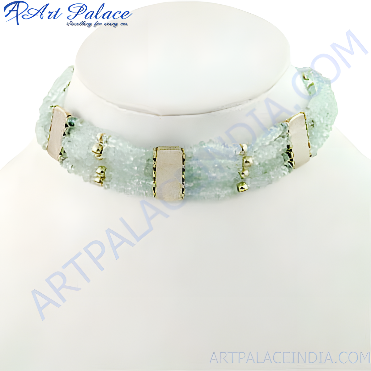 Aquamarine beaded choker necklace with silver accents on white background