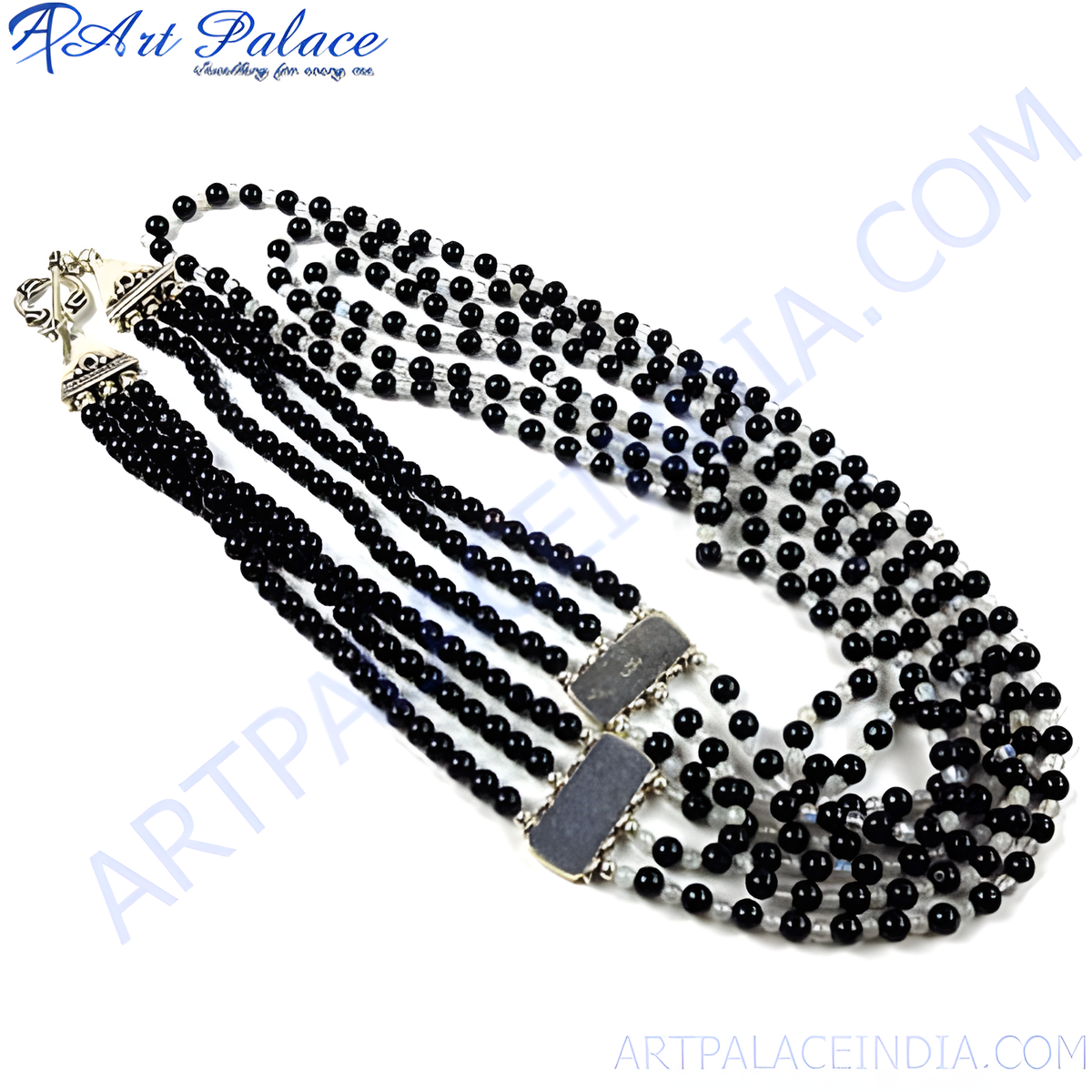 Multi strand black bead necklace with silver clasps, a stylish statement piece