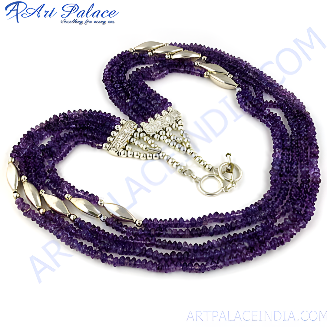Multi-strand amethyst bead necklace with sterling silver accents and clasp. Purple gemstone jewelry.