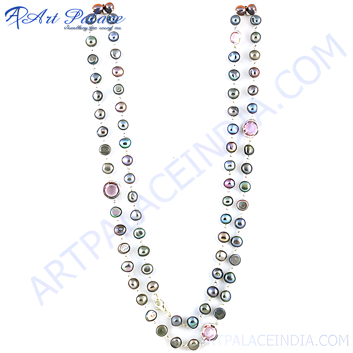 Multi color pearl necklace with various colored pearls, gold plating accents, and a clasp, perfect for adding elegance