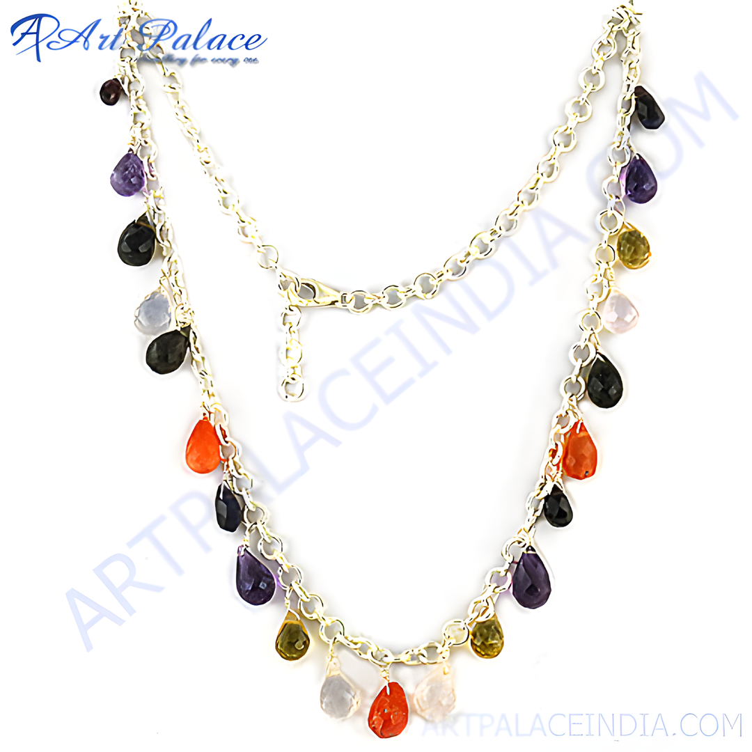 Sterling silver necklace featuring teardrop-shaped gemstones of various colors