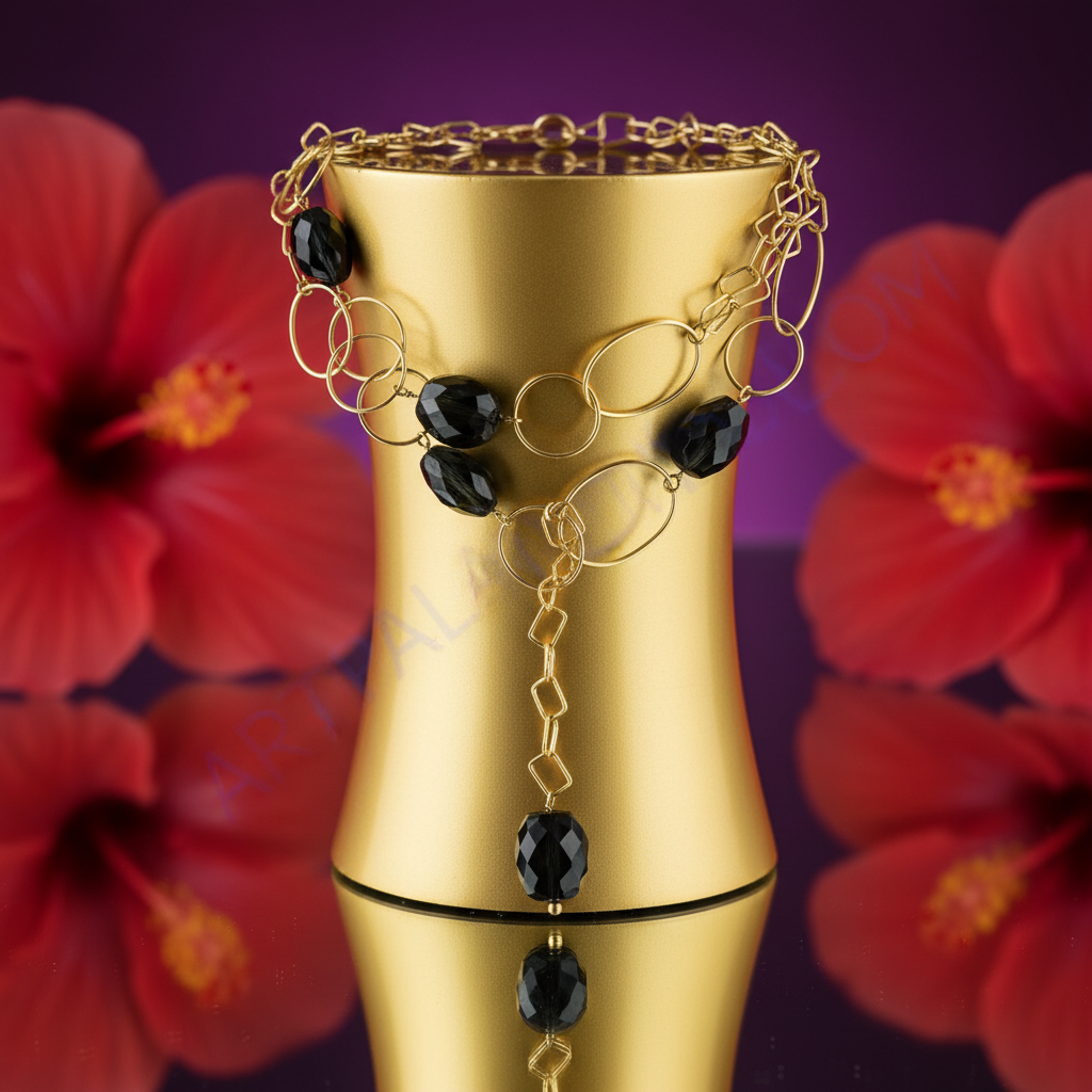 Black beaded lariat necklace | gold plating chain | women's fashion jewelry