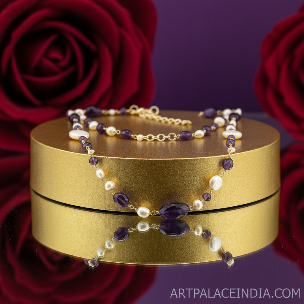 Amethyst & Pearl Beaded Necklace | Long Chain Necklace For Women