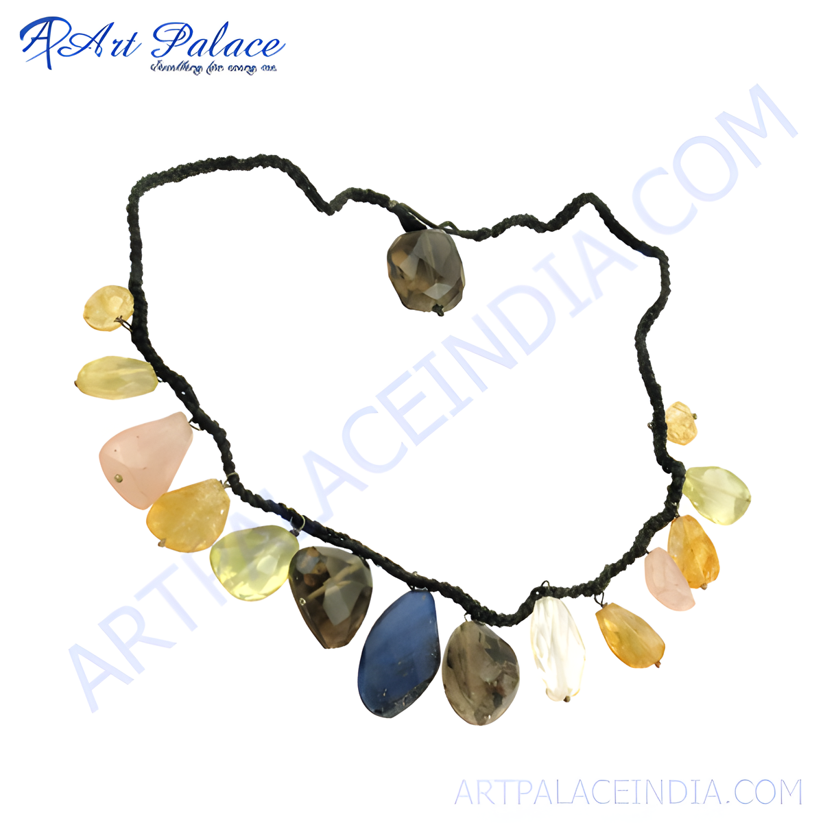 A unique gemstone beaded necklace featuring various natural stones strung together for an elegant and colorful look
